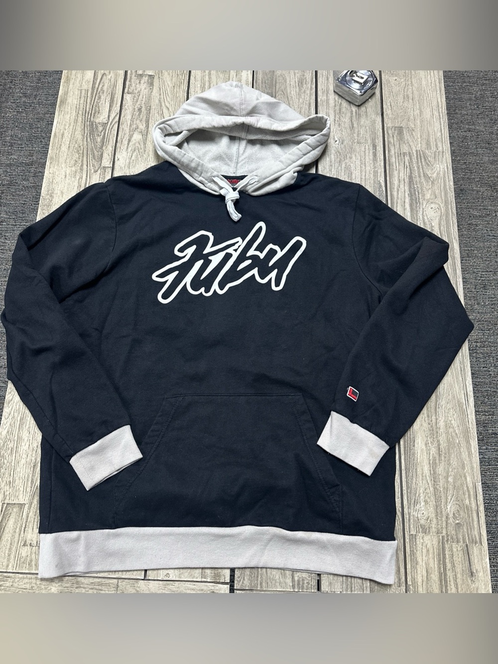 VTG Y2k Fubu Script Logo Hoodie Large Black Skater Hiphop Pullover Grunge